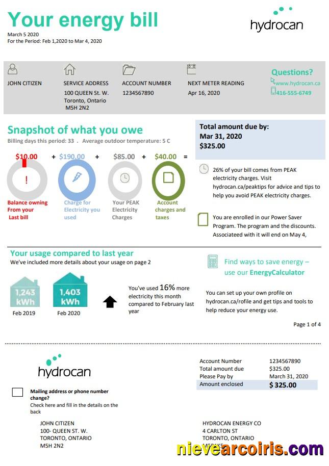 USA Ontario Hydrocan electricity utility bill